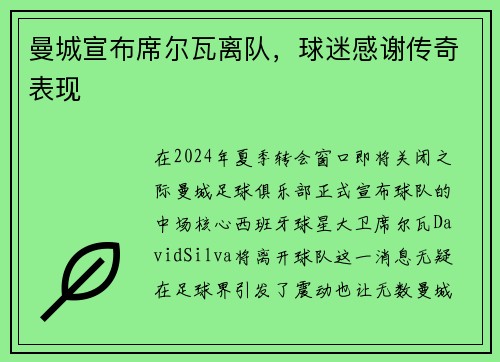 曼城宣布席尔瓦离队，球迷感谢传奇表现